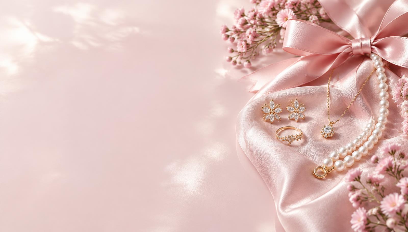 Laço rosa, pérolas e detalhes dourados — inspiração da boutique